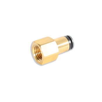 A brass hose adapter with a threaded hexagonal female end and a black rubber O-ring is isolated against a white background.