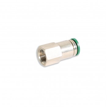 A metallic threaded coupling with a green O-ring seal lies on a plain white background. The coupling is cylindrical and designed for connecting pipes or hoses.