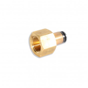 A brass hexagonal nut with internal threading and an attached cylindrical connector with an O-ring lies on a white background.