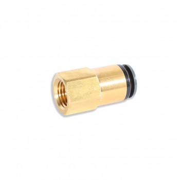 A brass hexagonal connector with an open threaded end and a black rubber O-ring, lying horizontally on a plain white background.