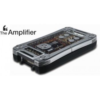 A sleek, rectangular audio amplifier with a transparent top reveals intricate internal electronics, featuring multiple dials and components. Appears to be set on a white background. Text: "The Amplifier".