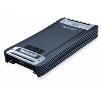 A sleek, black Audison car amplifier with metallic accents, buttons, and ports on the front, rests on a white background.