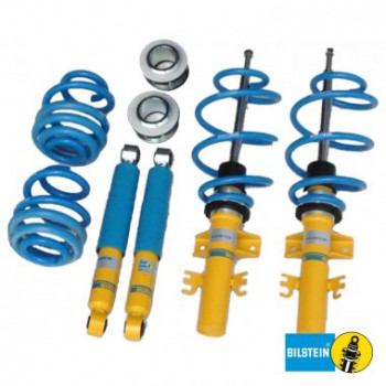 Two blue and yellow car shock absorbers, accompanied by coiled springs and additional hardware, lying against a white background. "BILSTEIN" logo is visible in the bottom right corner.