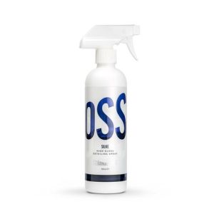 White spray bottle labeled "GLOSS" in blue text, reading: "SILK HIGH GLOSS DETAILING SPRAY" placed on a plain white background. The bottle has a white trigger nozzle and holds 500ml (16.9 fl oz).