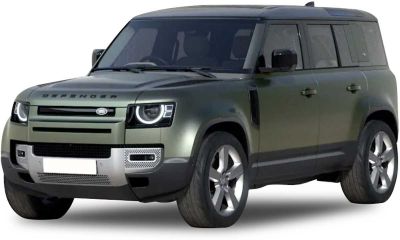 A green Land Rover SUV with black windows and silver accents is parked on a plain white background. The word "DEFENDER" is embossed on the hood.