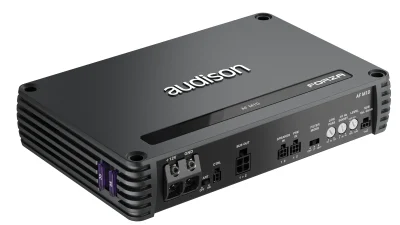 A black car amplifier displays the brand "audison FORZA" and model "AP F8.9 bit" on its surface. It features various input and output ports on one side, surrounded by a sleek, compact design.