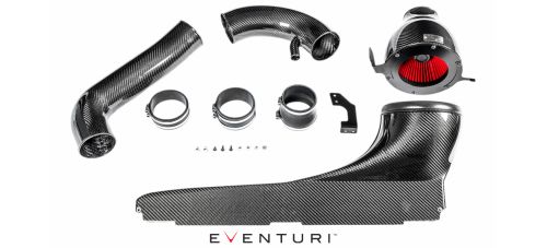 Eventuri cold air intake system parts arranged on a white background include carbon fiber air ducts, couplers, clamps, a filter housing, bolts, and a mounting bracket. "EVENTURI" branding text below.