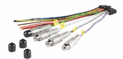 A set of multicolored wires connected to a black connector, leading to four metallic cylindrical sensors, with four black plastic caps placed nearby on a white background.