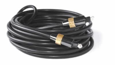 A coiled black audio cable with gold-plated connectors lies on a white surface.