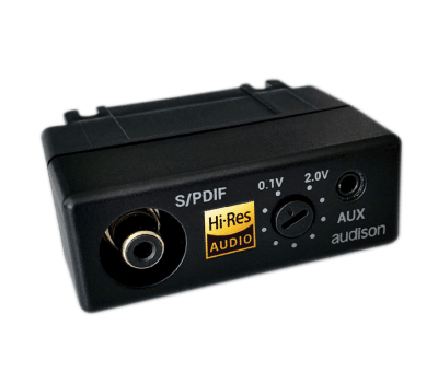 A black audio adapter with an S/PDIF port, Hi-Res Audio label, and two round input ports (one AUX, one marked 0.1V and 2.0V switch) is placed on a white background.