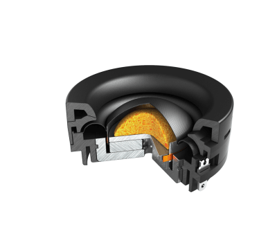 A cross-section of a mechanical seal reveals its inner components, including a rubber outer casing, metal ring, and a concealed orange layer, set against a plain white background.