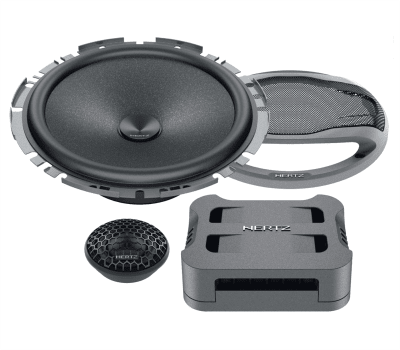 A set of Hertz audio equipment, including a large circular speaker, a smaller circular tweeter, a rectangular crossover, and a speaker grille, all arranged against a plain white background.