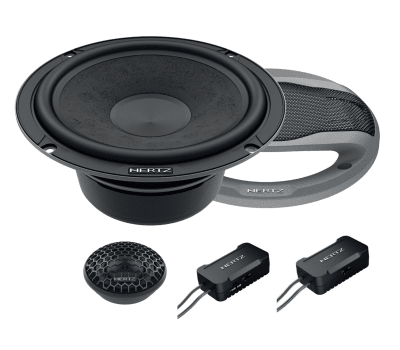 A Hertz car audio speaker system comprising a main speaker, a grille, a smaller tweeter, and two crossover units, all arranged against a white background.