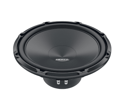 A large, black speaker with the brand "HERTZ" displayed at the center sits against a plain white background. It features a round, ribbed cone and sturdy outer frame.