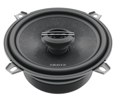 A round black car audio speaker labeled "HERTZ" sits isolated against a white background, featuring four mounting brackets and a visible central cone.
