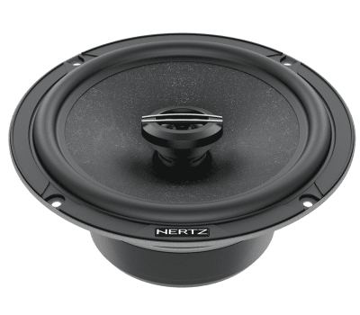 A black round speaker with the text "HERTZ" at the bottom center, featuring a central cone and multiple mounting holes, viewed in front of a plain white background.