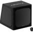 A black, cube-shaped Hertz speaker with mesh sides and a separate circular dial placed nearby.