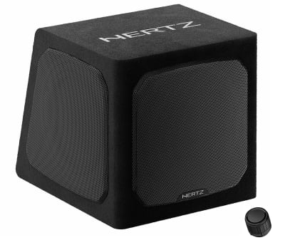 A black, cube-shaped Hertz speaker with mesh sides and a separate circular dial placed nearby.