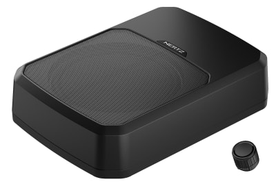 A black rectangular speaker with a mesh grille is placed next to a small, round knob. The environment is plain with no additional context provided. Text on the speaker reads: "HERTZ."