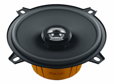 A black round Hertz speaker with a central dome labeled "HERTZ," mounted in an orange casing, against a plain white background.
