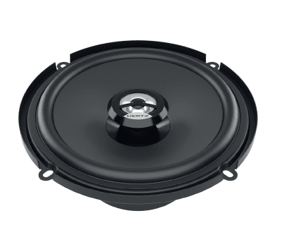 A round, black car audio speaker labeled "Hertz" at the center, with surrounding mounting tabs, positioned against a plain white background.