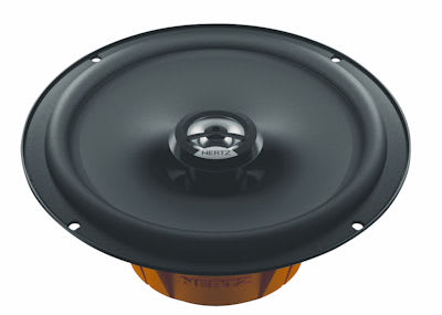 A circular, black audio speaker with the brand "Hertz" in the center sits against a plain white background, featuring an orange-colored base.