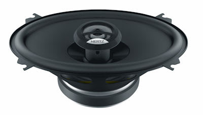 A black oval Hertz speaker sits on a white background, showcasing its tweeter and mid-range components, ready for automotive or home audio installation.