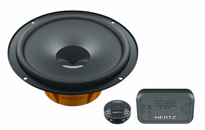 A black Hertz car speaker set, including a large woofer, a small tweeter, and a rectangular component labeled "Hertz DX 300 2-Way." Set against a plain white background.