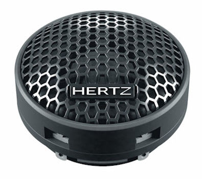 A black, circular speaker with a honeycomb grille pattern displays the text "HERTZ" on its front and is set against a plain white background.