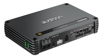 A sleek, black electronic device labeled "audison FORZA," featuring multiple ports and connectors on its front panel, placed in isolation against a white background.