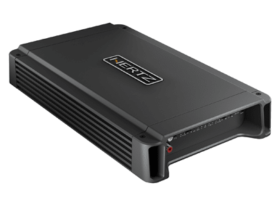 A rectangular black Hertz car audio amplifier with cooling fins sits on a white background. The brand "HERTZ" is prominently labeled on the top. The side features various input/output connectors and controls.