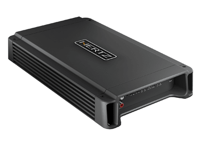 A black rectangular car audio amplifier labeled "HERTZ" lies on a white surface, with connectors and control knobs visible on the right side.