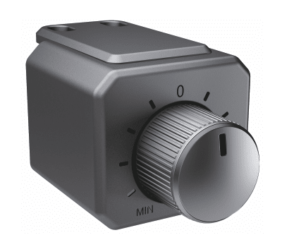 A gray, square electrical box with a rotating knob, displaying numbers and markers from 0 to MAX, indicating adjustable settings. The box has mounting holes and a textured knob for grip.