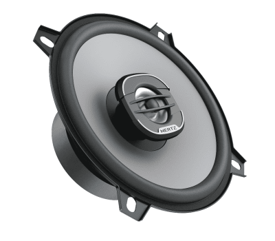 A round, black and silver speaker with the word "HERTZ" on its central tweeter is shown in a tilted view, suspended against a plain, white background.