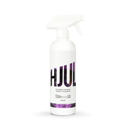 A white spray bottle labeled "HJUL Colour Change Wheel Cleaner Stjärnagloss 500ml" stands on a plain backdrop, indicating its use for cleaning vehicle wheels.