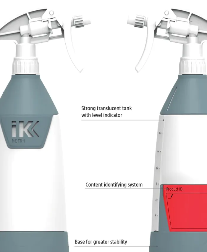 A spray bottle with a strong translucent tank, a level indicator, and a content identifying system labeled "Product ID." Includes a wide base for greater stability.