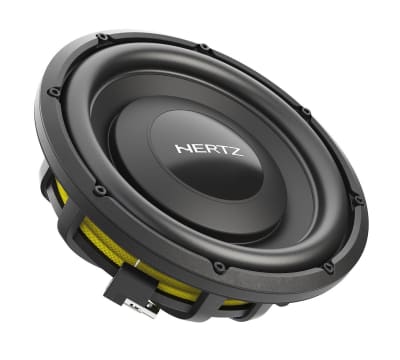 A black audio speaker labeled "HERTZ" is angled, detached from any setup, and featuring a yellow circular band around its base against a white background.