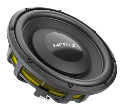 A black subwoofer labeled "HERTZ" is positioned at an angle, showcasing its outer cone, mounting frame, and yellow internal suspension, against a plain white background.