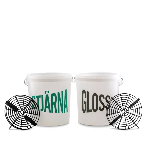 Two white plastic buckets labeled "STJÄRNA" and "GLOSS" with black mesh grates placed in front, against a white background.