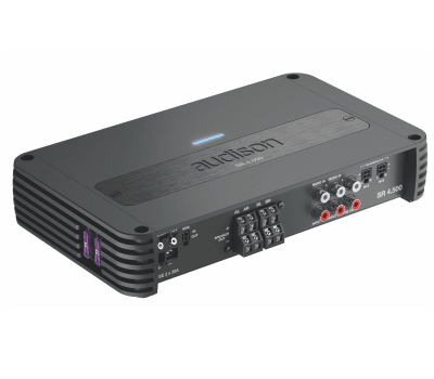 The object is a black Audison SR 4.600 car audio amplifier with various input/output ports and switches on the front panel, placed on a clean, plain background.