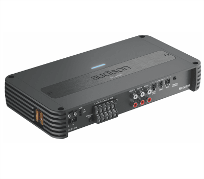 Black audio amplifier with various input/output ports and connectors, positioned horizontally on a white background. "audison" and "SR 5.600" are labeled on its surface.