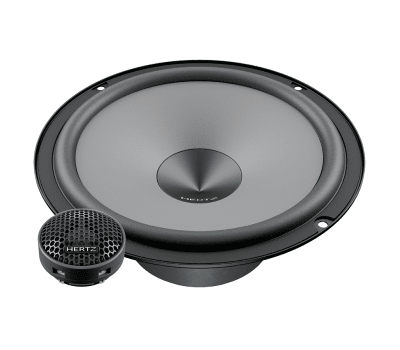 A large gray speaker cone sits beside a smaller round tweeter with a perforated cover and the brand name "HERTZ" visible on both units, set against a white background.