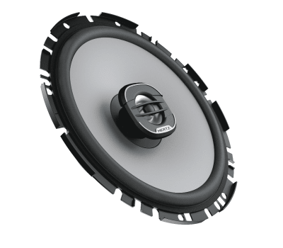 A circular car audio speaker with a central tweeter displaying the "HERTZ" logo, positioned at an angle, against a plain white background.