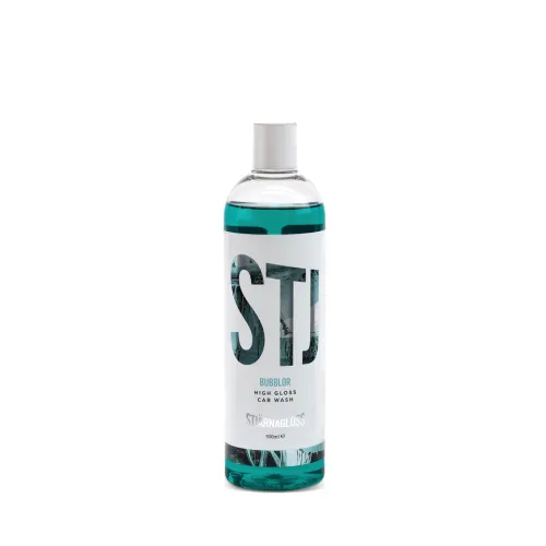 A bottle containing green liquid with text: "STJ BUBBLOR HIGH GLOSS CAR WASH, STJARNAGLOSS 500ml." The bottle has a white label and is set against a plain white background.