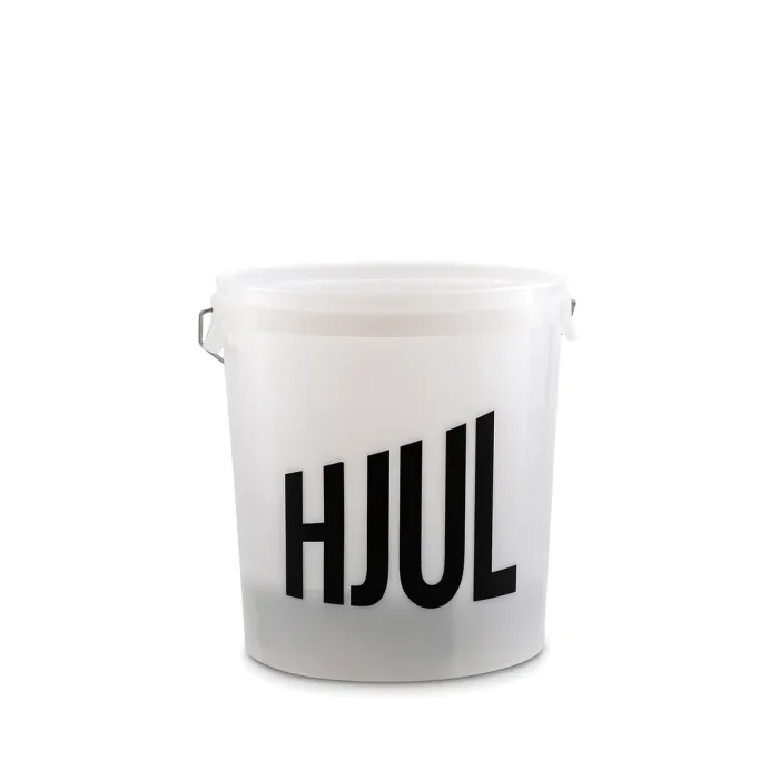A white plastic bucket labeled "HJUL" in black text stands alone, featuring a metal handle, with no additional surrounding context.