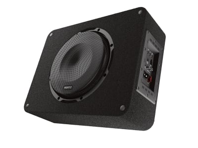 A black subwoofer with a textured speaker grille and control panel on its right side, positioned against a white background.