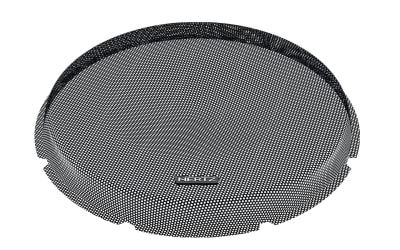 A round, black speaker grille with the brand name "HERTZ" in the center, resting on a white background.
