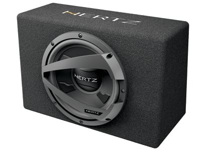 A black, rectangular subwoofer with the brand name "HERTZ" printed on its top and center speaker grill, placed on a plain white background.