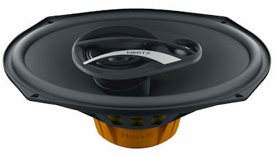 Oval-shaped car speaker with a central tweeter; labeled “HERTZ” on the tweeter; surrounded by a black mounting frame, and an orange base; set against a white, featureless background.