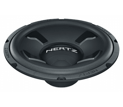 Round black Hertz loudspeaker, stationary, shown at a slight angle with the brand name "HERTZ" prominently displayed in the center. Surrounded by a backdrop of white.